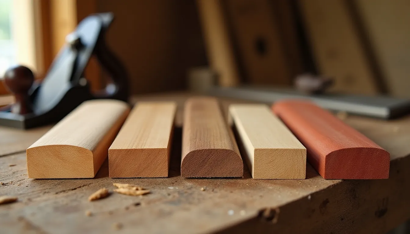 Cinq échantillons d'essences de bois différentes taillées en profil bieber posés sur un établi d'atelier de charpentier, dont mélèze, châtaignier et Douglas