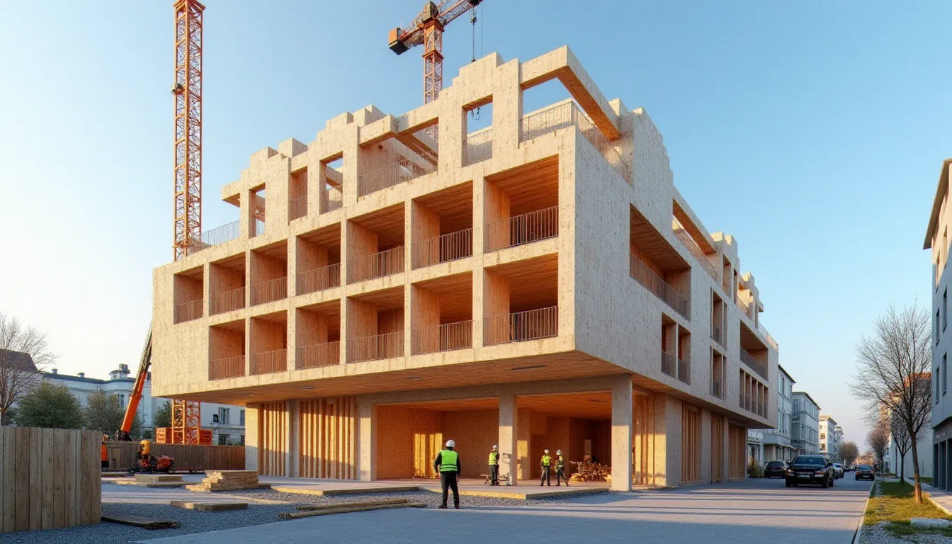 Chantier de construction d'un immeuble à ossature bois avec panneaux CLT en cours d'assemblage, témoignant des nouvelles tendances de la construction bois en 2026