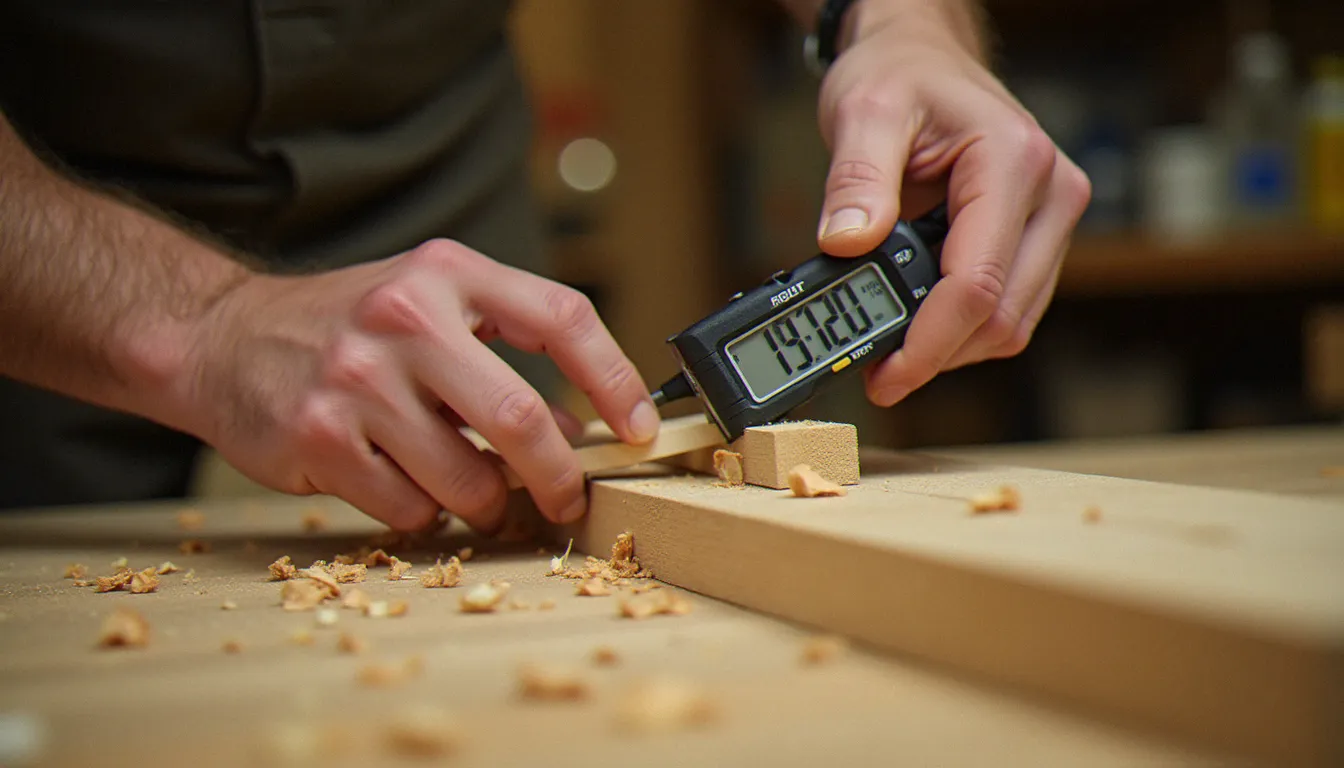 Gros plan sur des mains d'artisan mesurant un assemblage tenon-mortaise en bois avec un pied à coulisse numérique, illustration des innovations techniques dans la construction bois