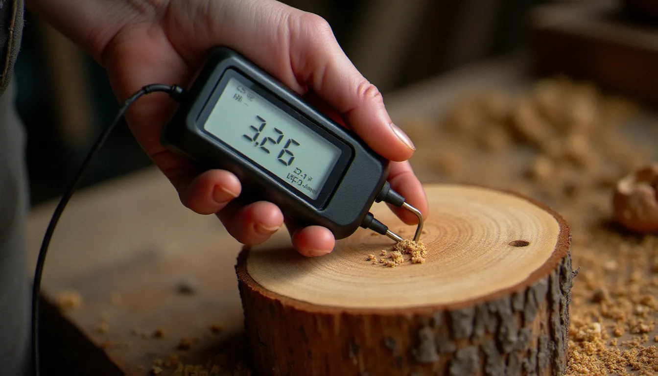 Artisan mesurant le taux d'humidité d'une bûche de chêne avec un humidimètre à aiguilles dans un atelier, geste essentiel pour évaluer la qualité du bois de chauffage