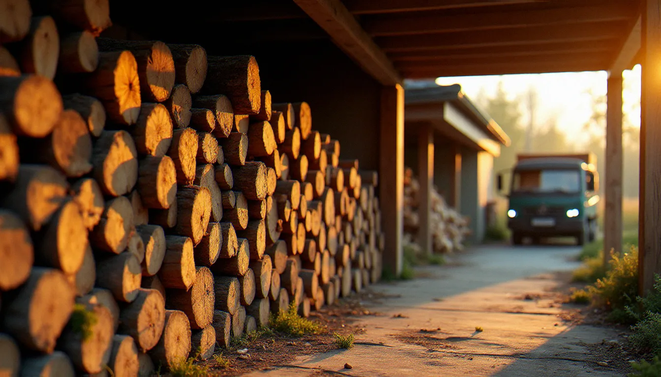 Hangar rustique en France avec du bois de chauffage local bien séché empilé, alternative qualitative au bois de chauffage vendu en grande surface