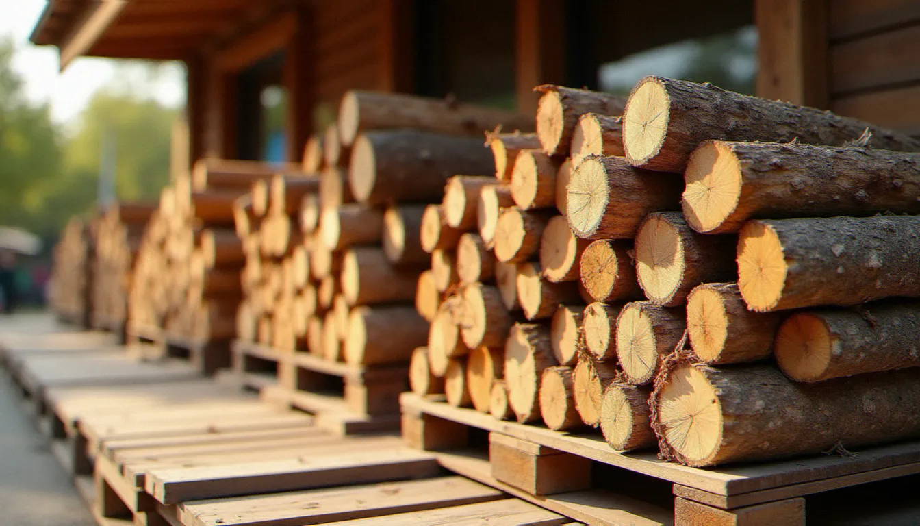 Palette de bois de chauffage en chêne exposée en extérieur dans un centre commercial, illustrant le bois de chauffage Leclerc vendu en grande surface