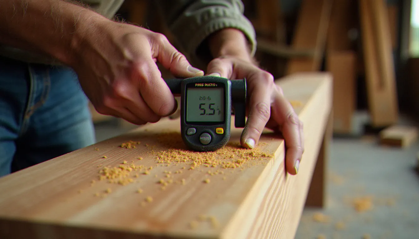 Mains d'artisan mesurant le taux d'humidité d'un madrier de pin de construction avec un hygromètre numérique lors d'un contrôle qualité à la livraison