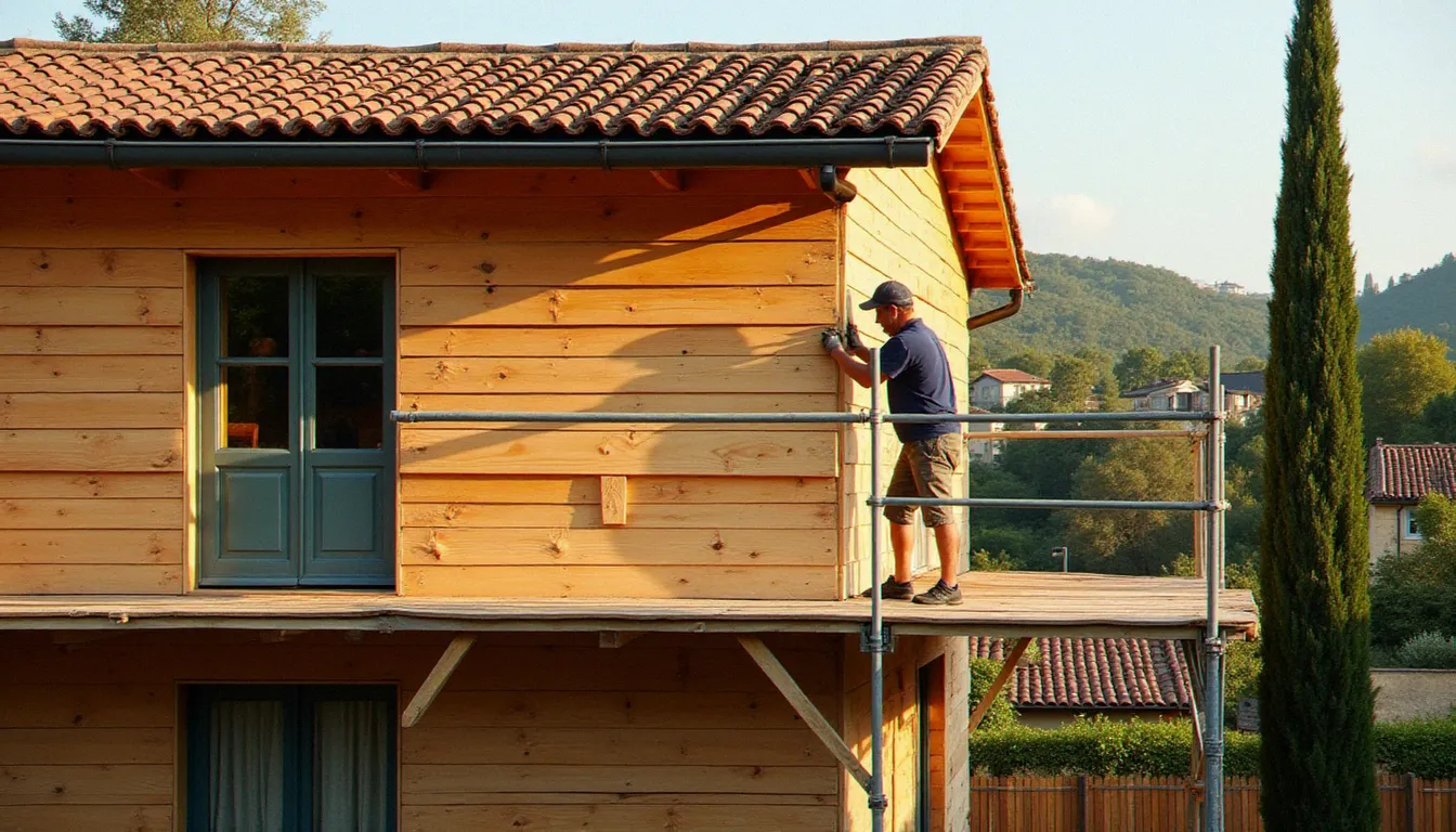 Charpentier posant des lames de bardage en douglas naturel sur la façade d'une maison de caractère dans le Languedoc, illustration du bois local du sud utilisé en rénovation