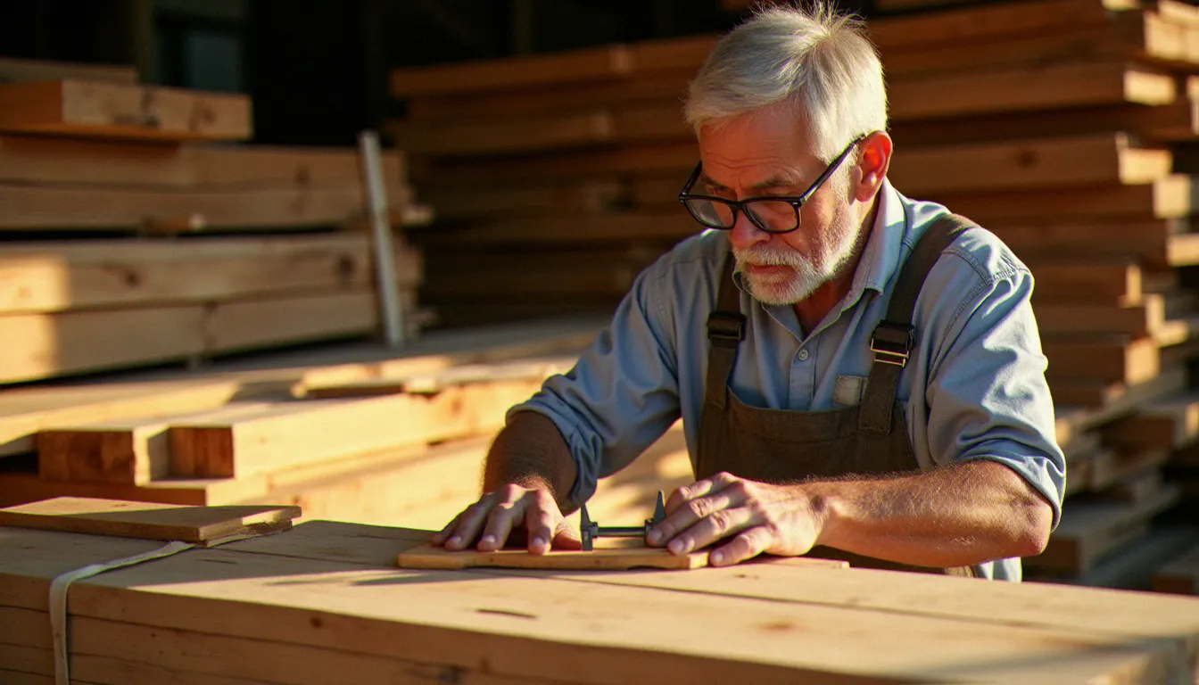 Artisan inspectant des pièces de bois douglas empilées dans un dépôt de bois du sud de la France, illustrant un avis bois du sud com réalisé par un professionnel