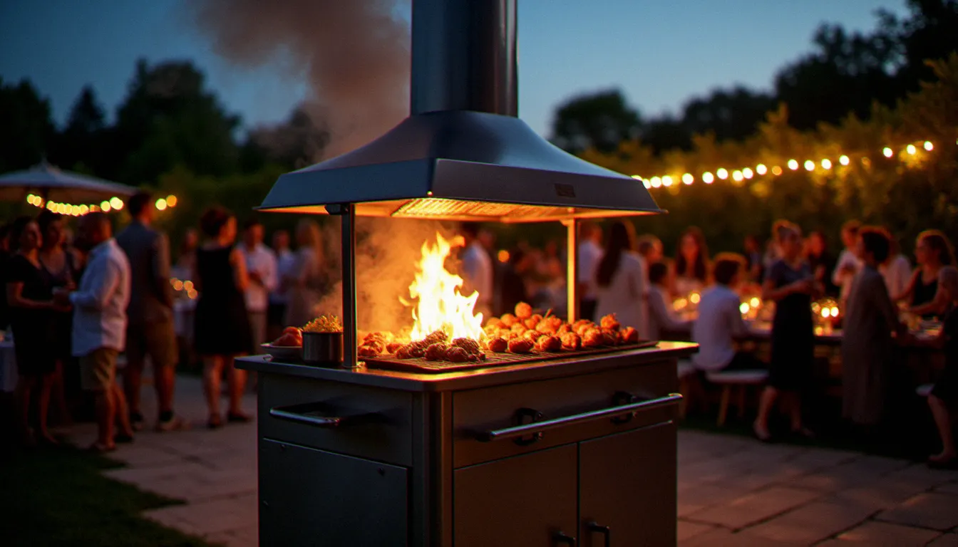 Installation de traiteur professionnel avec un grand barbecue professionnel bois en inox lors d'une réception en plein air dans un jardin du Midi au crépuscule