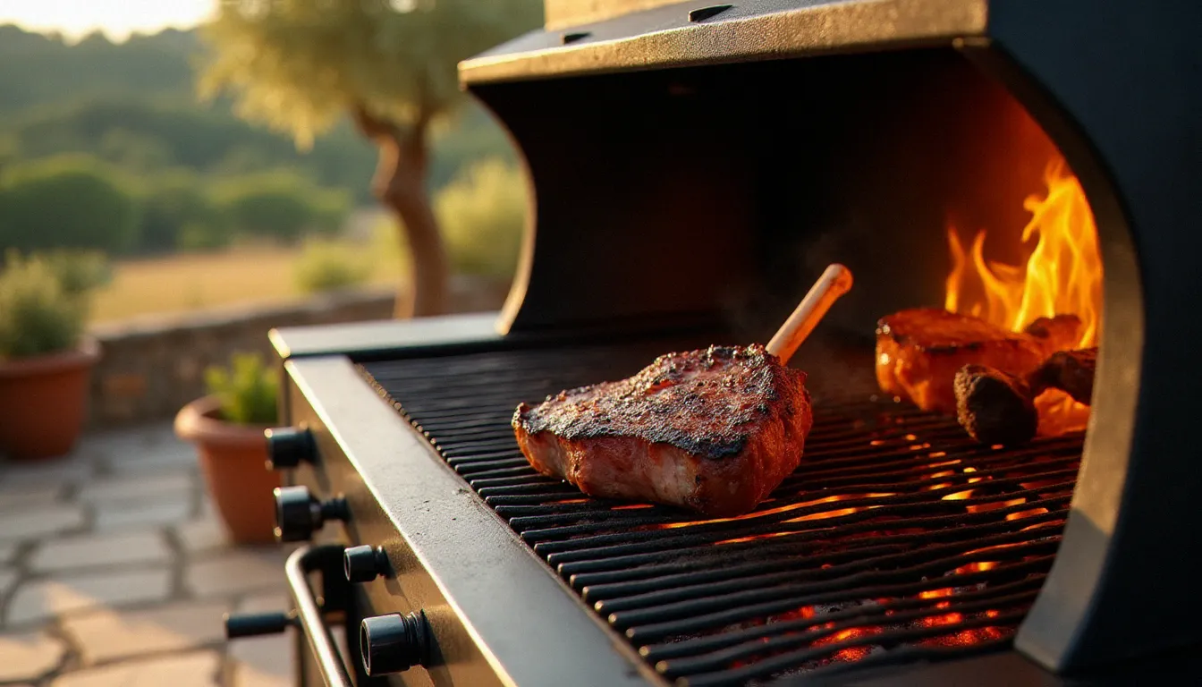 Barbecue professionnel bois en acier épais avec braises rougeoyantes et carré d'agneau saisi sur une terrasse provençale ensoleillée