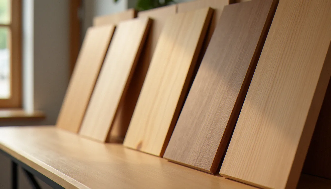 Échantillons de différentes essences de bois pour portes — pin, chêne, iroko — présentés côte à côte pour comparer les prix et les qualités