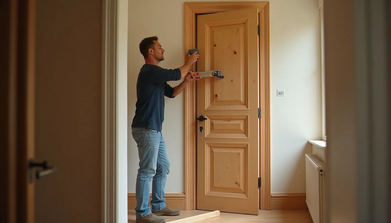 Artisan posant une porte intérieure en bois massif dans une maison, utilisant un niveau à bulle pour aligner le dormant lors de l'installation