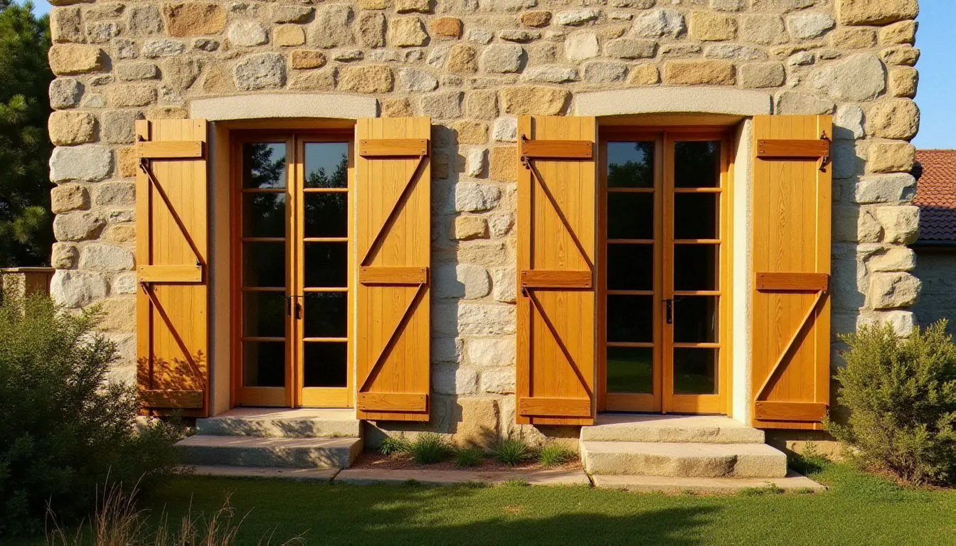 Façade d'une maison en pierre du Languedoc avec fenêtres en bois double vitrage en Douglas fraîchement posées, montrant le rendu esthétique d'une menuiserie bois sur une architecture traditionnelle héraultaise