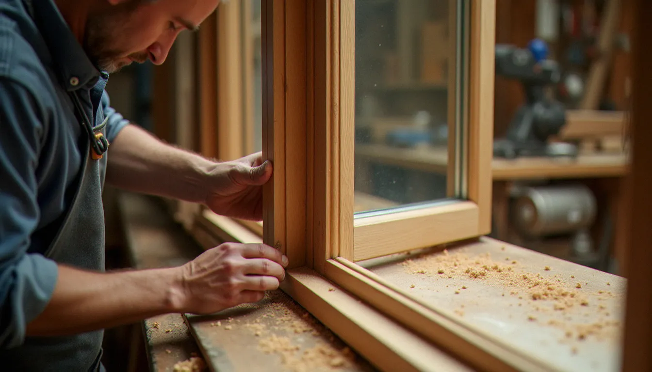 Artisan menuisier assemblant un châssis de fenêtre en bois double vitrage dans un atelier, illustrant le savoir-faire nécessaire à la fabrication d'une menuiserie bois de qualité