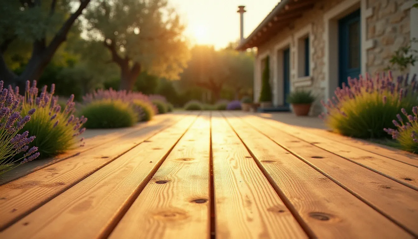 Terrasse en bois douglas huilé dans un jardin méditerranéen du Languedoc au coucher du soleil, exemple concret de rentabilité du bois prix m2 sur le long terme