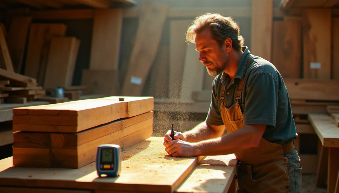 Artisan charpentier examinant des planches de bois empilées par essence dans un atelier ensoleillé, illustration du bois prix m2 selon les types de bois