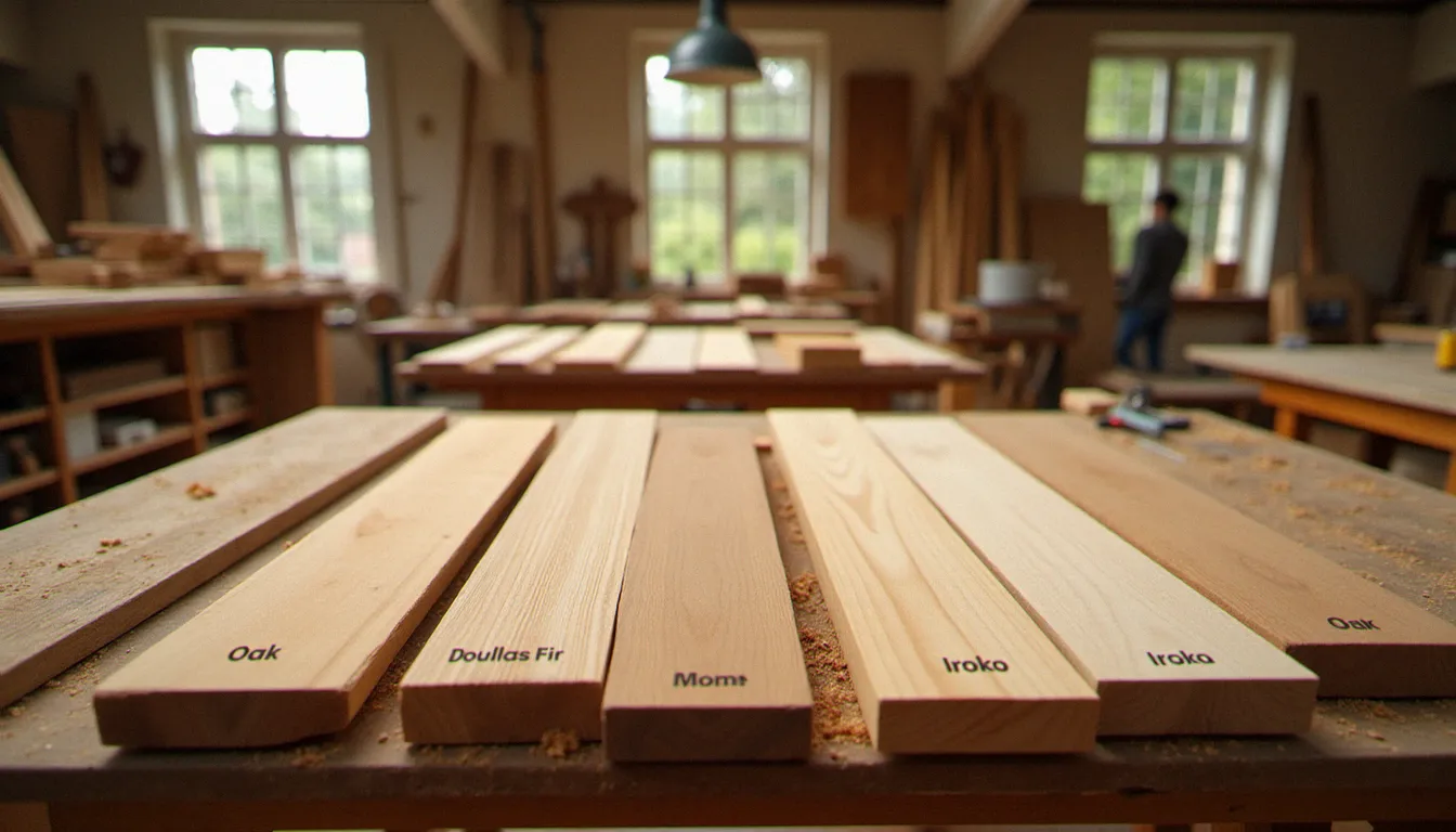 Atelier de menuisier avec différentes essences de bois pour porte d'entrée comparées sur établi, éclairage naturel d'atelier