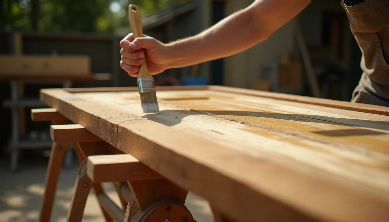 Artisan appliquant de l'huile de lin sur le chant d'une porte d'entrée en bois pour protection avant pose, atelier extérieur ensoleillé
