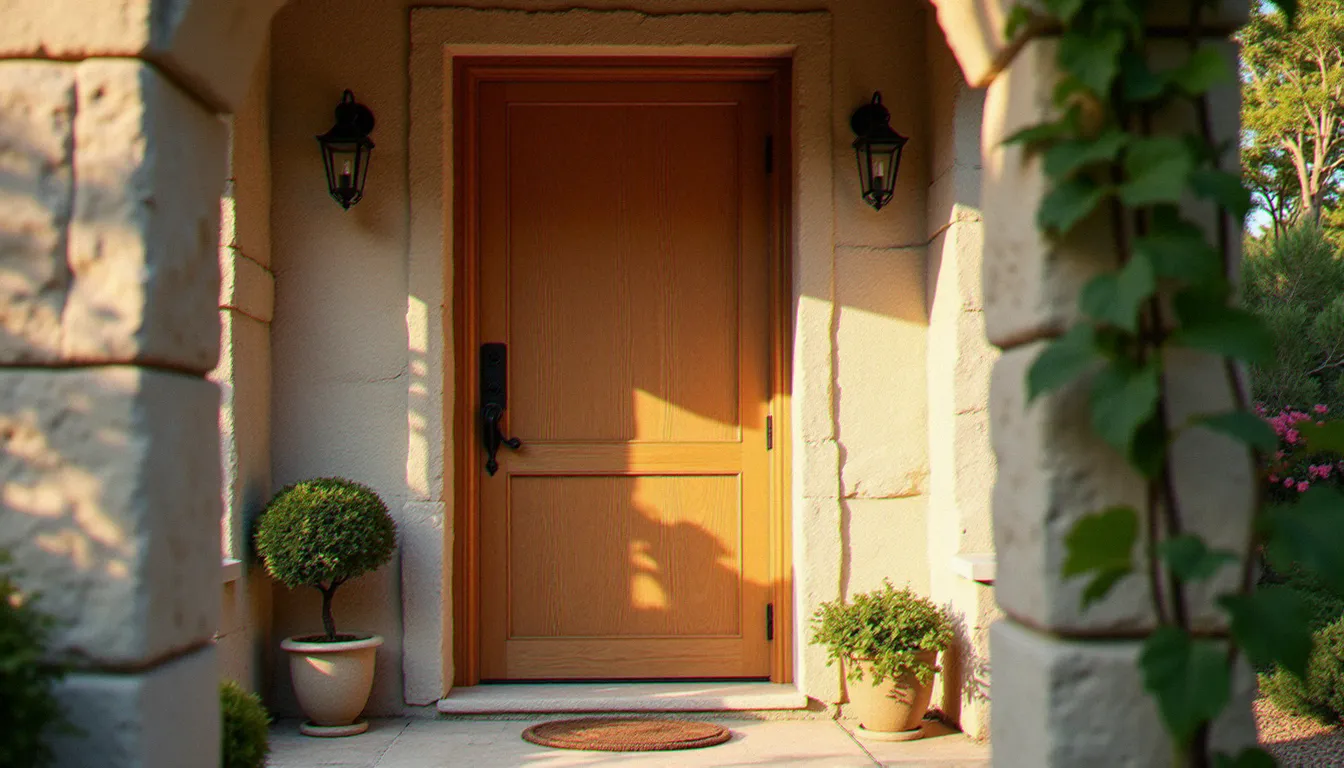 Porte d'entrée en bois de chêne massif sur maison en pierre du sud de la France, illustrant le bois prix porte d'entrée en situation réelle