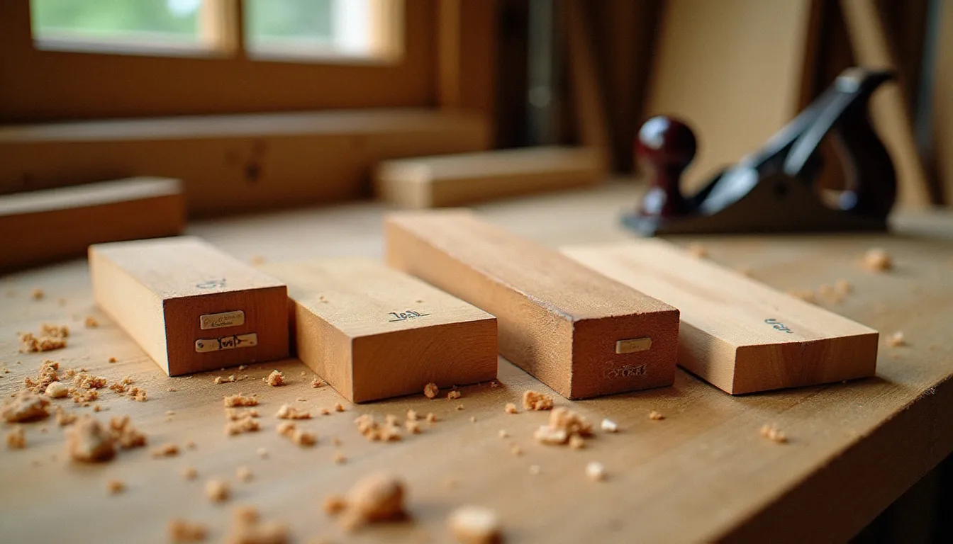 Échantillons d'essences de bois pour extérieur posés sur un établi d'artisan : chêne, robinier, douglas et pin sylvestre
