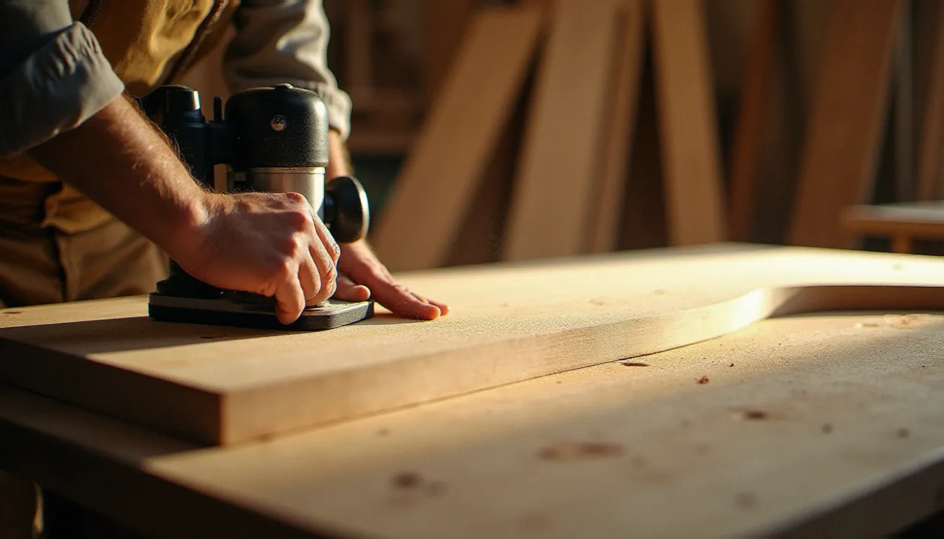 Artisan guidant une toupie le long du bord d'un plateau de bureau en bois massif pour créer un profil arrondi dans son atelier de menuiserie
