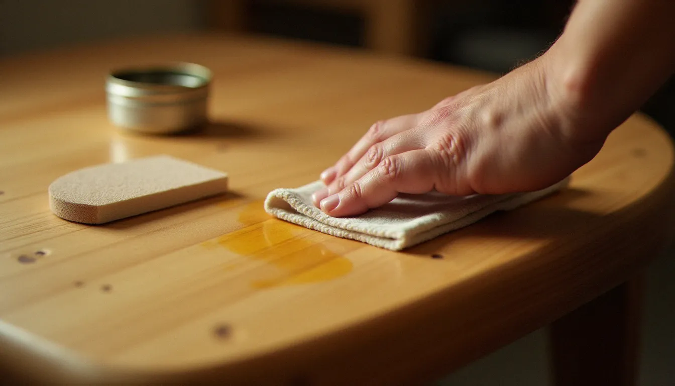Application d'une huile naturelle à l'aide d'un chiffon coton sur la surface d'un bureau bois arrondi pour nourrir et protéger le bois massif