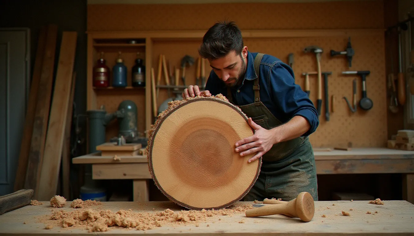 Artisan charpentier sculptant une croix en chêne massif dans son atelier, copeaux de bois au sol