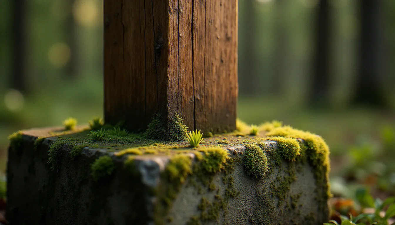 Détail du pied d'une croix en bois de chêne sur socle en pierre, jonction bois-pierre typique d'une croix bonnet en milieu forestier