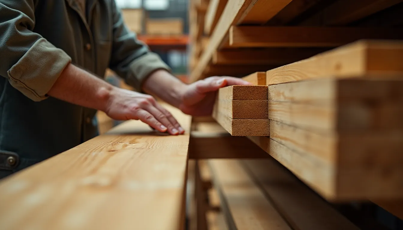 Artisan menuisier choisissant des planches de bois dans un entrepôt de négoce professionnel, illustrant la sélection des gammes proposées par le groupe Dubois