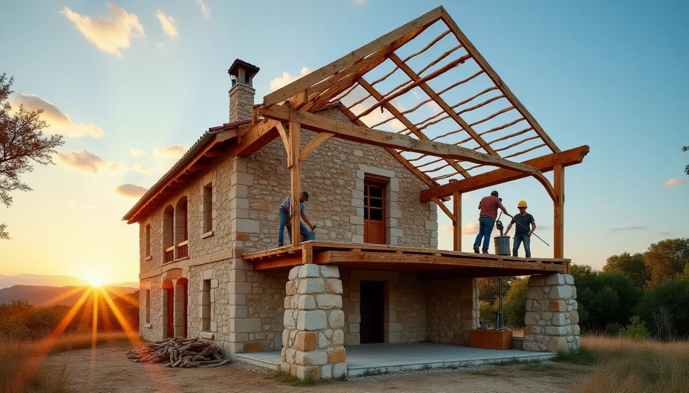 Rénovation d'une charpente traditionnelle en chêne sur un mas ancien en Hérault, type de chantier approvisionné par le groupe Dubois en région Occitanie