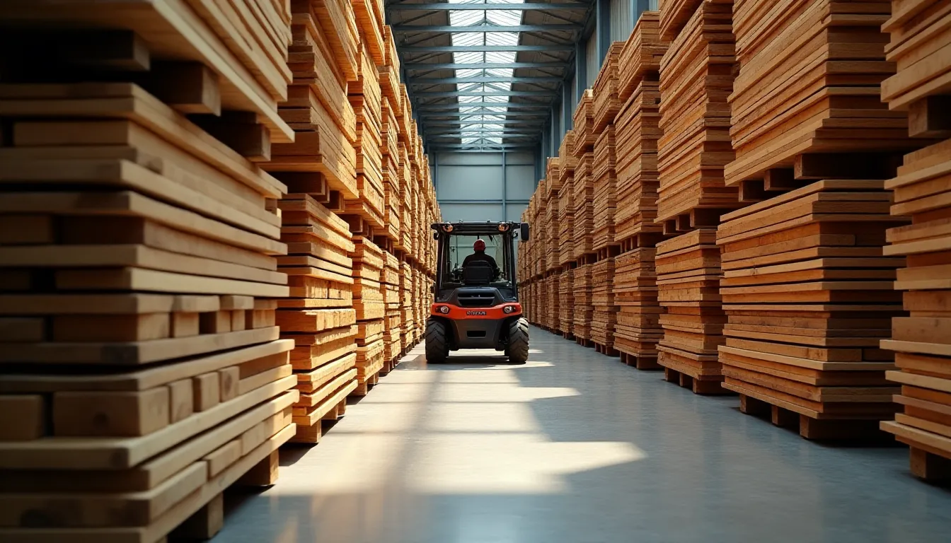 Vue d'une agence de distribution de bois et matériaux du groupe Dubois avec des piles de bois de charpente classés par essences et sections