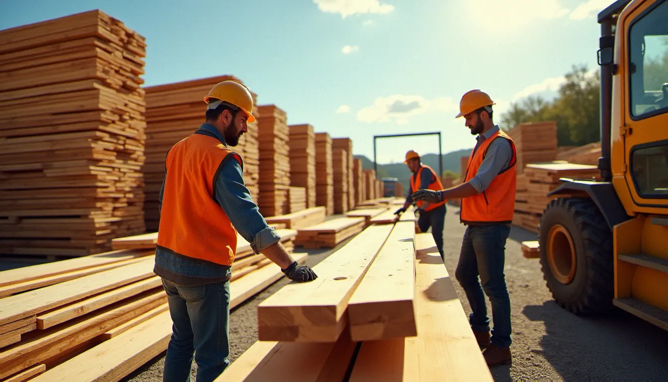 Ouvriers triant des planches de pin dans un chantier de scierie française, représentant la diversité des postes dans les métiers du bois qui recrutent