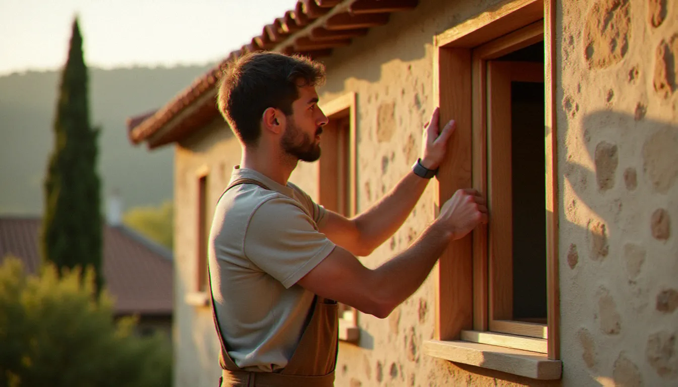 Menuisier poseur installant des fenêtres en bois sur une ferme en pierre rénovée en Occitanie, illustrant les débouchés concrets des métiers du bois qui recrutent dans le Sud de la France