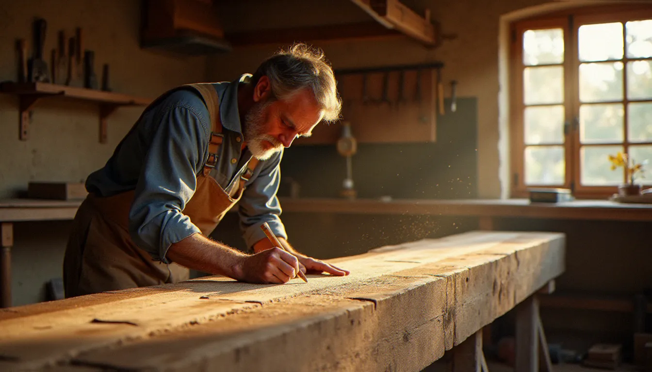 Artisan charpentier mesurant une poutre en chêne dans un atelier traditionnel du Midi, illustrant les métiers du bois qui recrutent en France