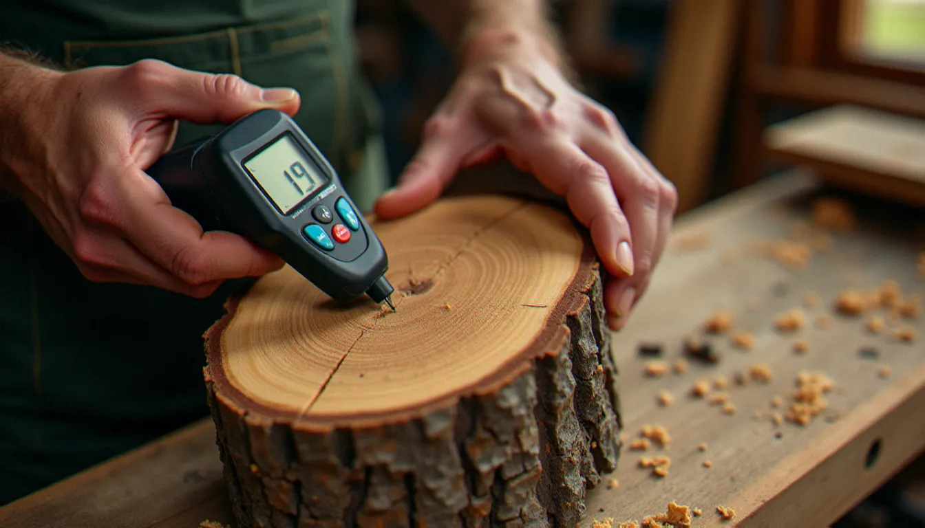 Mains d'artisan tenant un humidimètre numérique sur une bûche de chêne fraîchement fendue affichant un taux d'humidité optimal pour le chauffage au bois