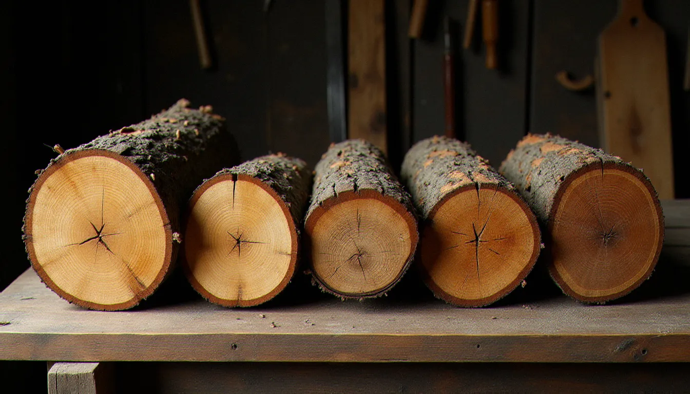 Cinq bûches fendues de différentes essences alignées sur un établi d'atelier traditionnel, montrant les différences de densité, de grain et de couleur entre le pin résineux à éviter et le chêne dense recommandé