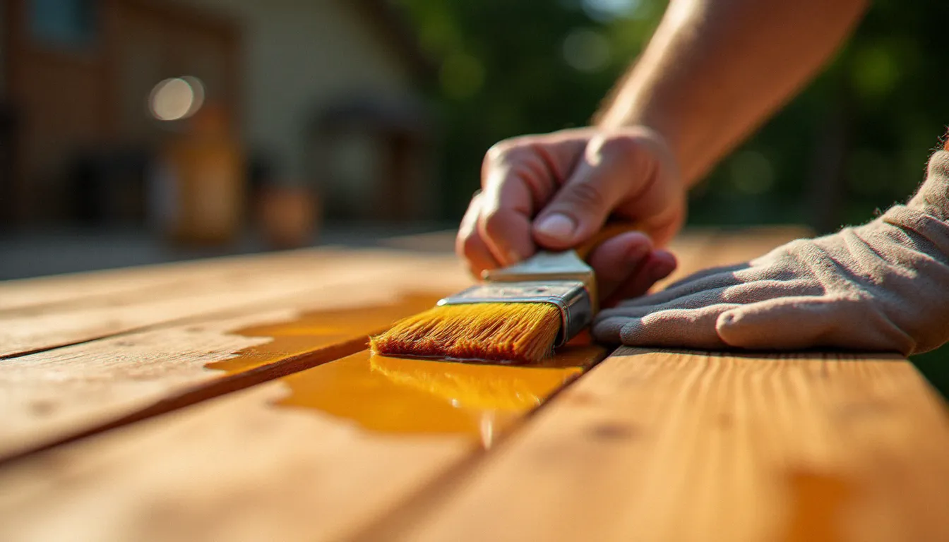 Artisan appliquant une huile de protection sur des lames de terrasse en bois exotique dense, illustrant le traitement naturellement résistant à l'humidité