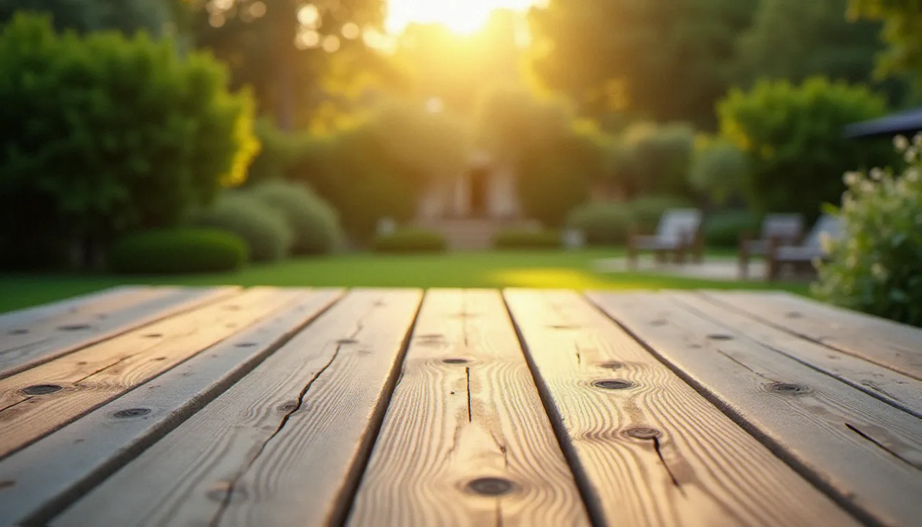 Terrasse extérieure en bois de robinier local grisé naturellement par les UV, exemple de bois local durable pour l'extérieur dans un jardin méditerranéen
