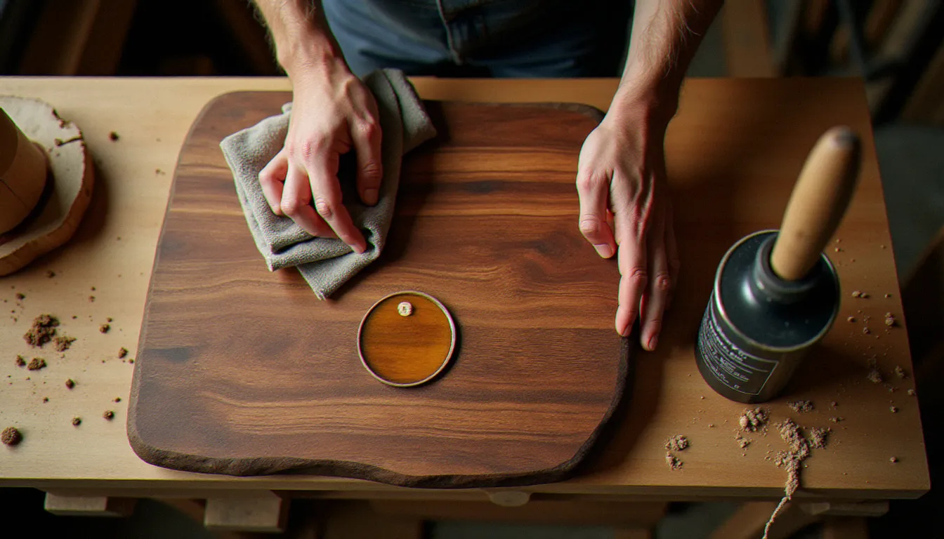 Artisan appliquant de l'huile minérale alimentaire sur une planche à découper en noyer dans un atelier de menuiserie, pour en entretenir le grain et la résistance