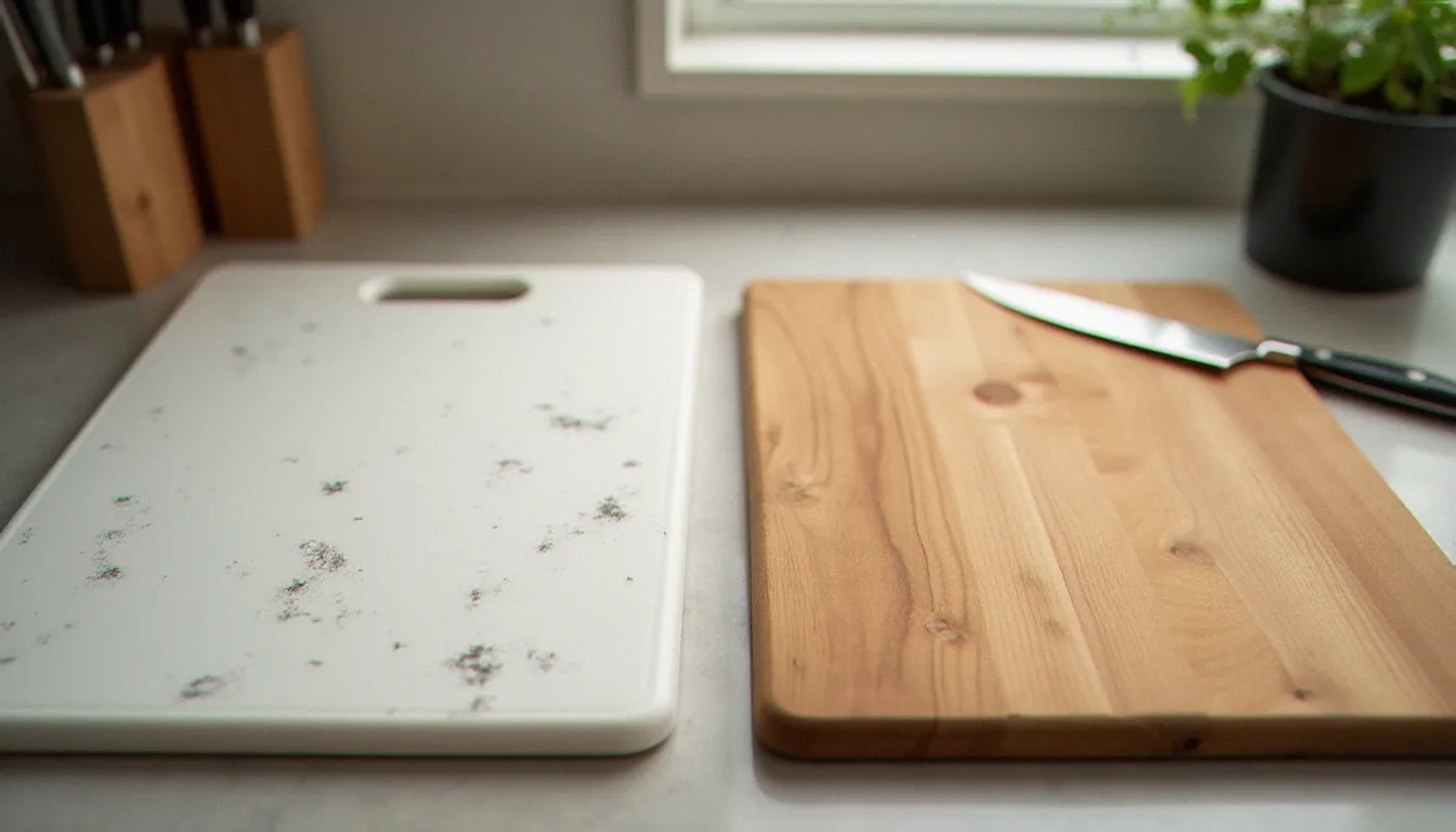 Comparaison entre une planche en plastique rayée et une planche en hêtre bien entretenue, montrant pourquoi le meilleur bois pour planche à découper surpasse le plastique en durabilité