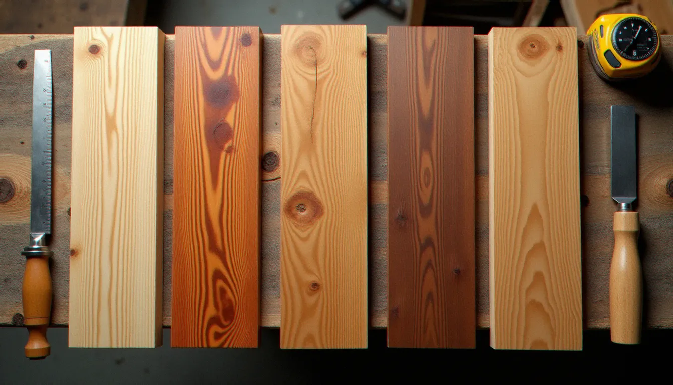 Cinq échantillons d'essences de bois pour terrasse disposés côte à côte sur un établi d'atelier, montrant les différences de texture, grain et teinte naturelle entre pin, douglas, ipé, teck et chêne