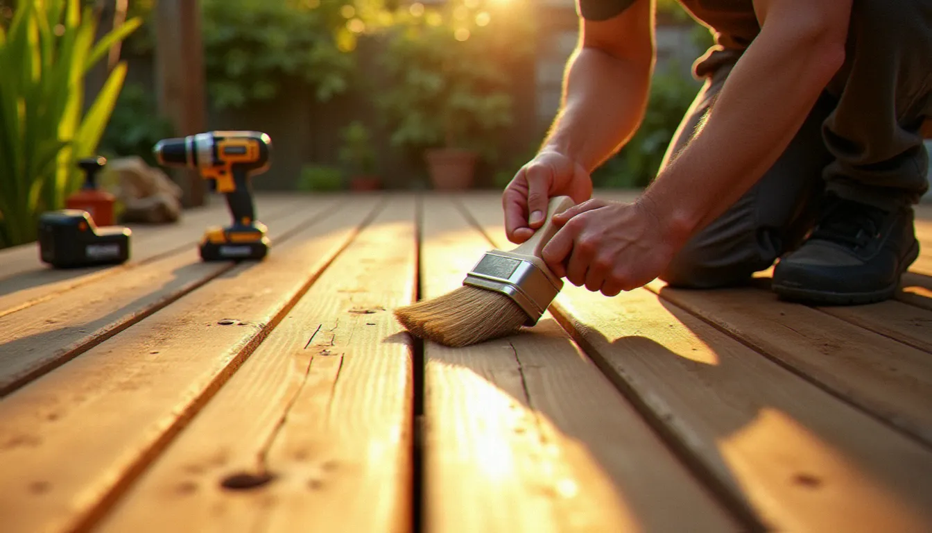 Artisan bois appliquant de l'huile de protection sur une terrasse en bois extérieure fraîchement posée lors de l'entretien annuel, au coucher du soleil avec les outils de pose visibles en arrière-plan