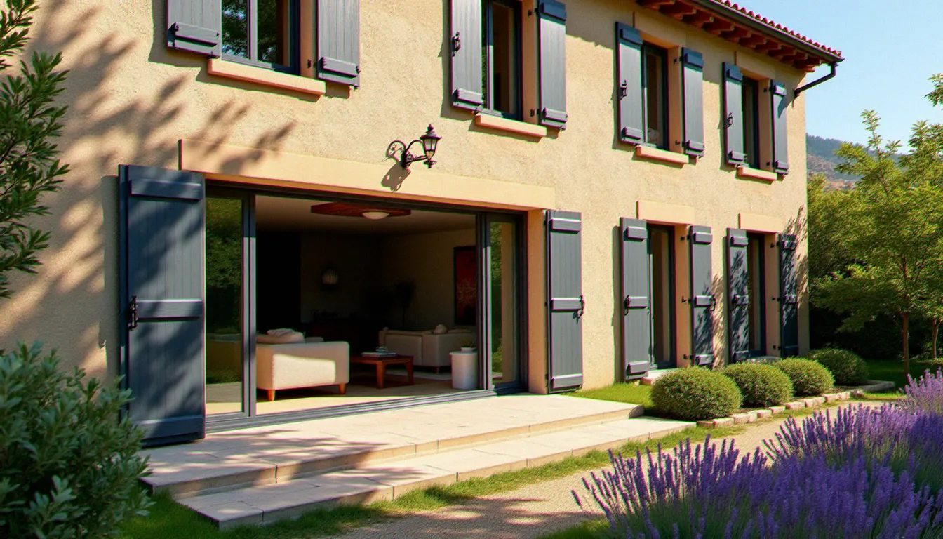 Maison en pierre du sud de la France rénovée avec baies coulissantes en aluminium et volets bois installés par menuiseries MC France