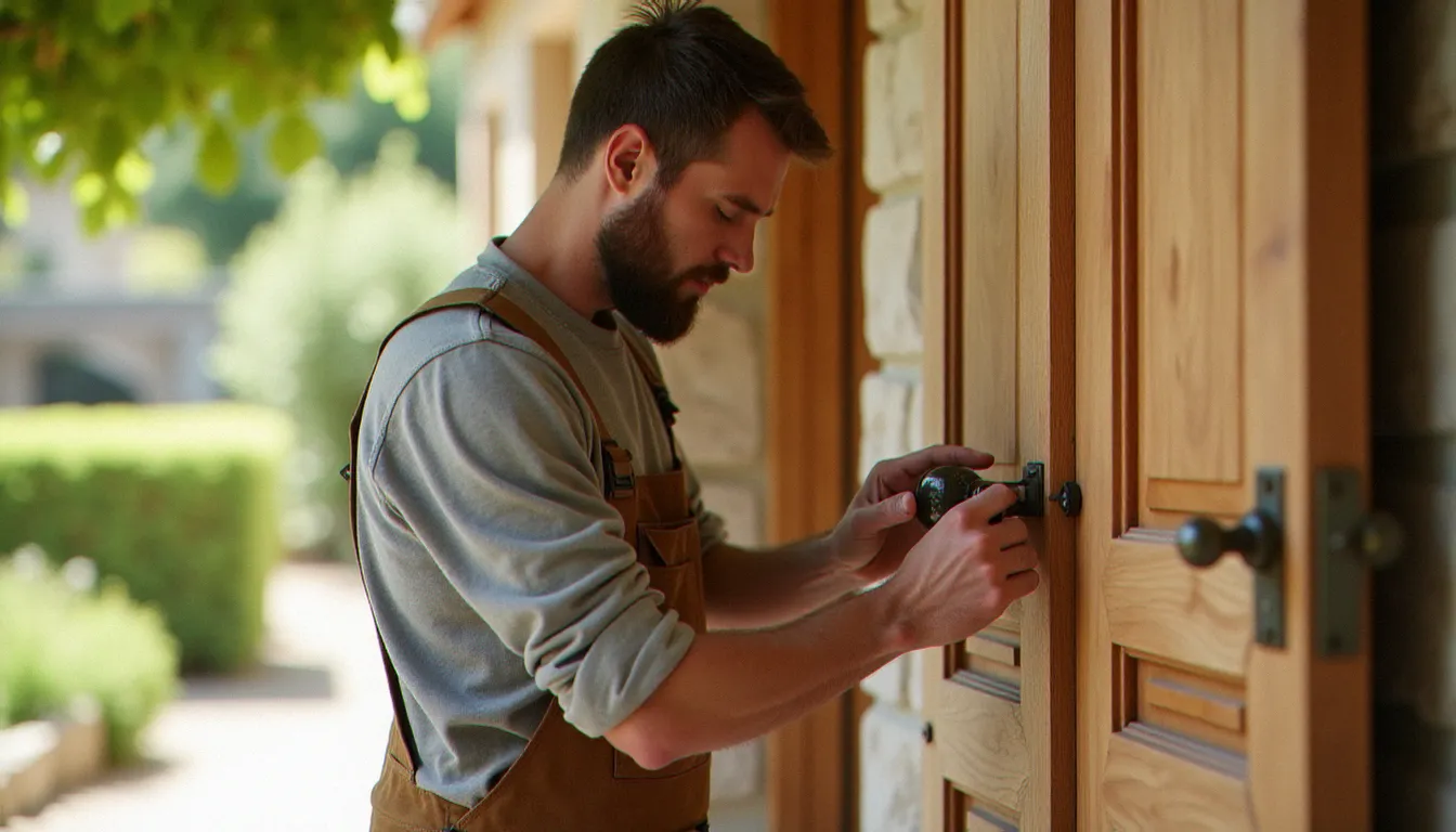 Pose d'une porte d'entrée en bois massif sur mesure sur une maison en pierre du Languedoc, type d'intervention réalisée par un menuisier artisanal comme meslin menuiserie