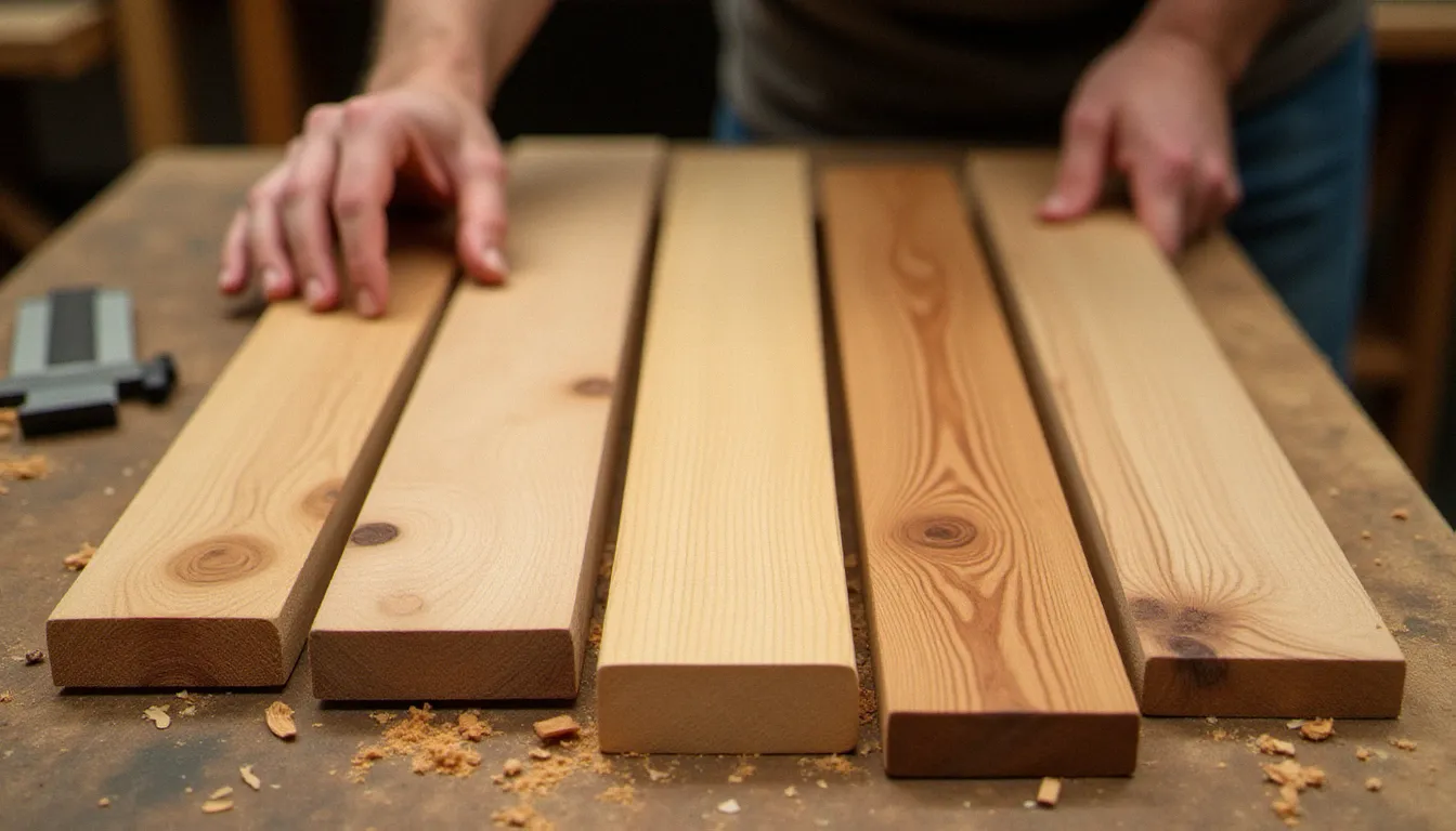 Échantillons comparatifs de cinq essences de bois disposés sur un établi d'atelier, illustrant la diversité des matériaux sélectionnés pour les projets de menuiserie artisanale