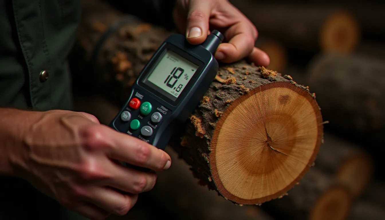 Contrôle du taux d'humidité d'une bûche certifiée avec un humidimètre professionnel lors d'un audit qualibois