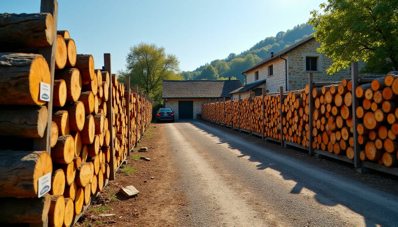 Dépôt de bois de chauffage certifié avec stères bien rangés et étiquetés selon les critères qualibois 2025 dans l'Hérault