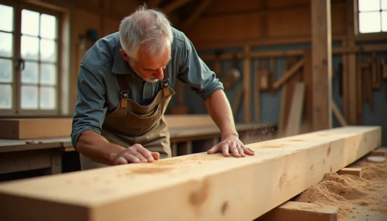 Artisan charpentier inspectant une poutre en bois lamellé-collé dans un atelier, illustration de l'avenir bois construction en France