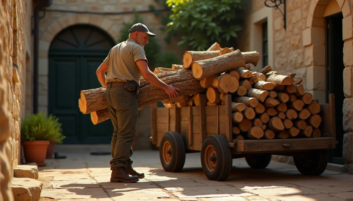 Artisan bûcheron déchargeant des bûches de bois de chauffage depuis une remorque dans une cour en pierre typique du Languedoc, livraison artisanale et service personnalisé