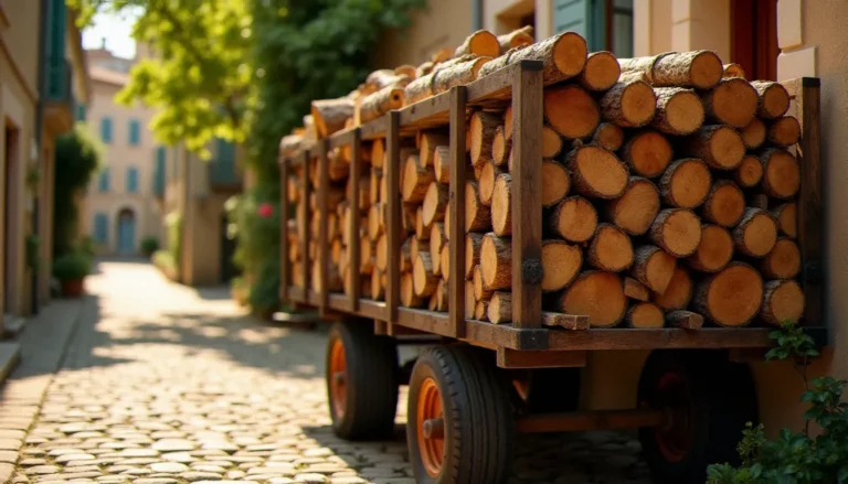Remorque agricole chargée de stères de chêne vert bien empilées dans une rue ensoleillée du sud de la France, illustrant le service avis bois baptiste remorque à Béziers
