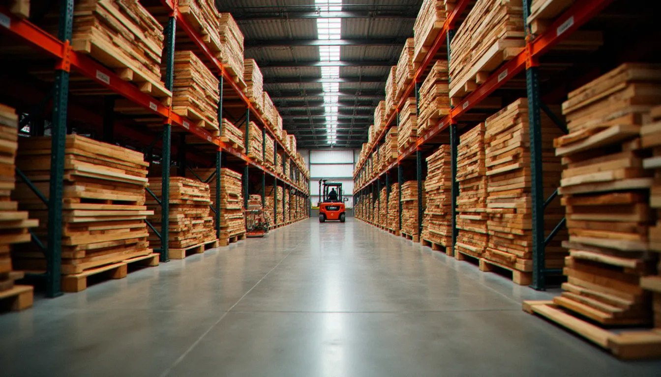 Entrepôt de négoce bois organisé avec différentes essences rangées sur des racks métalliques, contexte d'un fournisseur comme Bois d'Arcy