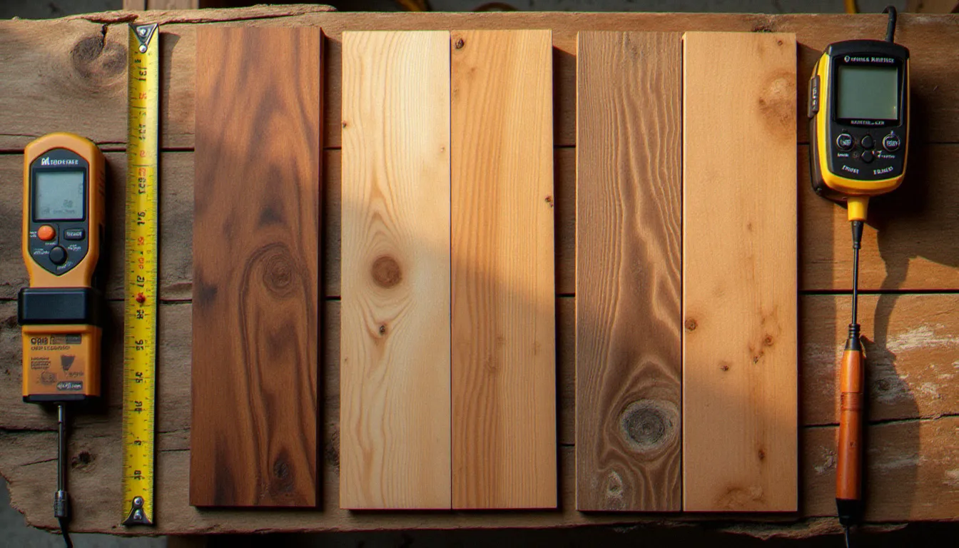 Échantillons de différentes essences de bois posés sur un établi d'artisan avec hygromètre et mètre ruban, comparaison qualité prix pour avis bois d'arcy