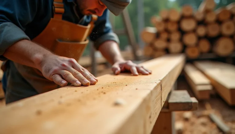 Artisan inspectant la qualité d'une planche de douglas dans un négoce bois, illustrant la démarche derrière les avis bois d'arcy professionnels